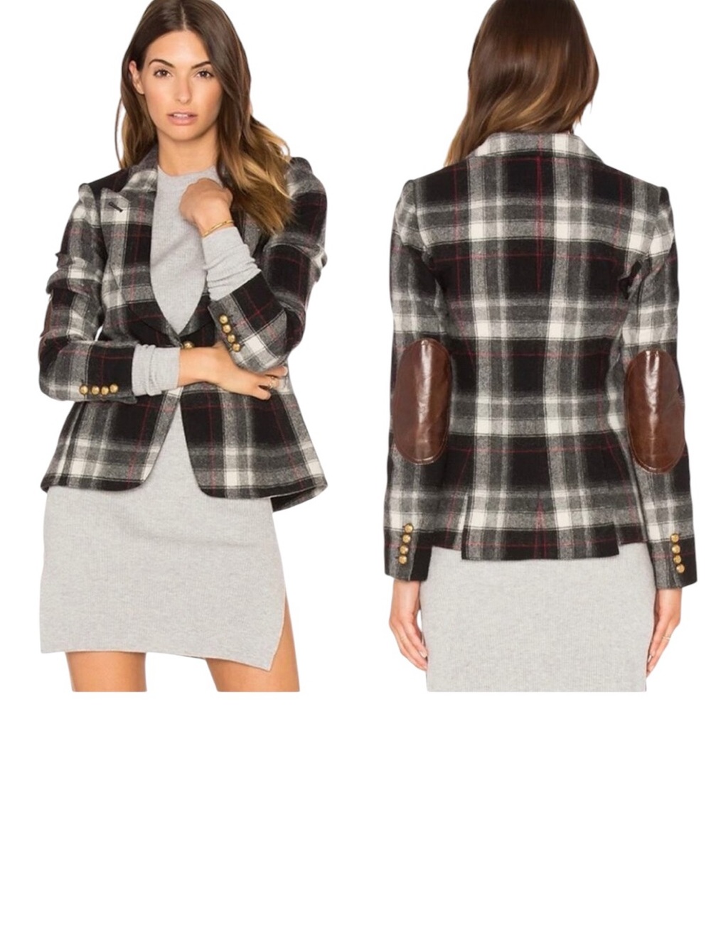 SMYTHE Duchess Wool Plaid Leather Elbow Patch Blazer Size 4